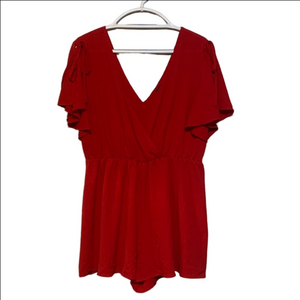 SHEIN Red V-Neck romper with Flutter Sleeves
